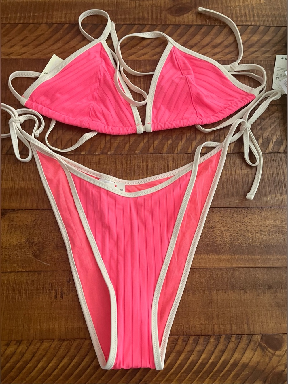 NWT Aerie FULL SET Wide Rib String Triangle Top + Low Rise Tie Bottoms Pink - M